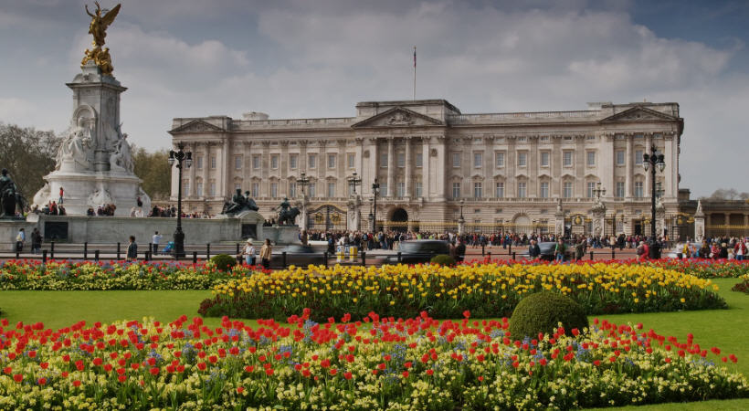 Panoramic view of London's bustling cityscape, with red double-decker buses, historic buildings, and the River Thames.
