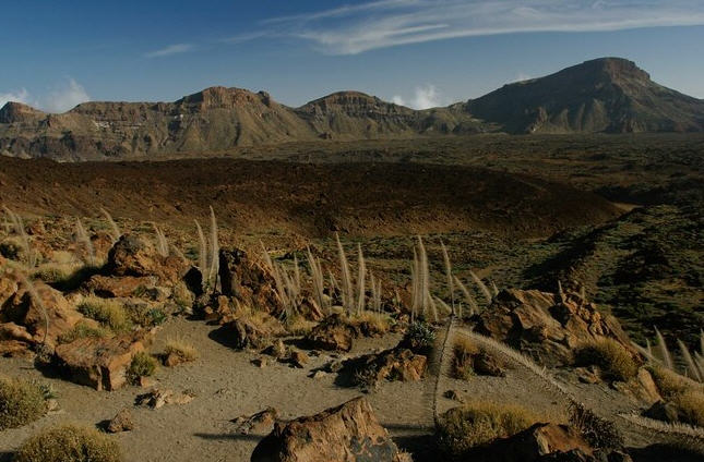 Vibrant sunset over Tenerife, casting long shadows on volcanic rock formations and the Atlantic Ocean.