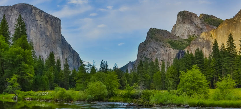 Panoramic view of Yosemite Valley, showcasing Half Dome, El Capitan, lush meadows, and the Merced River winding through the park.