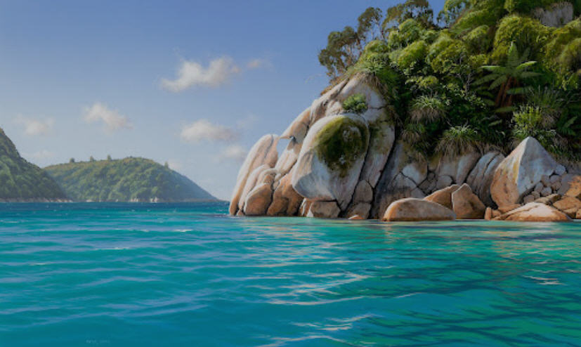 Close-up of the vibrant turquoise water and smooth granite boulders at Split Apple Rock in Abel Tasman National Park.