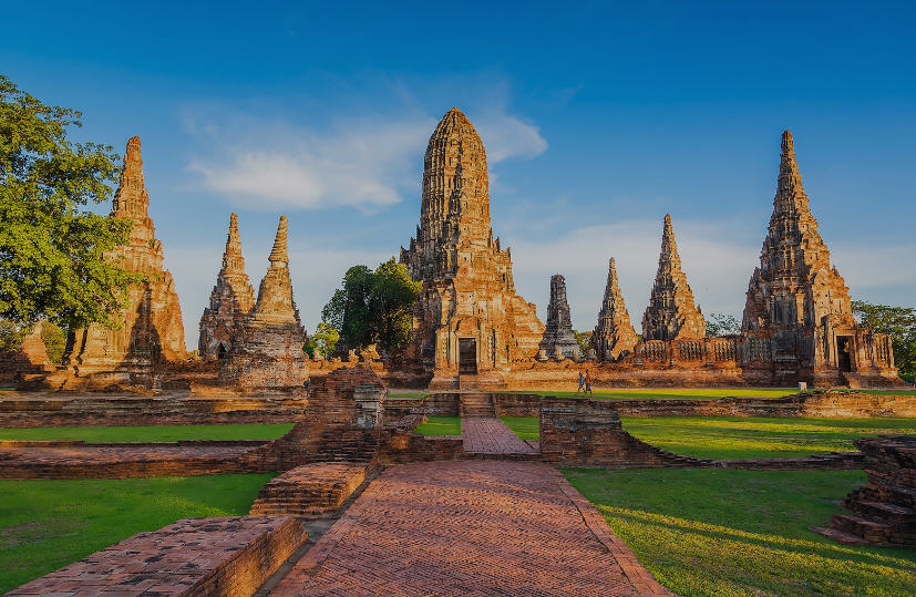 Aerial view of Ayutthaya Historical Park, showcasing the vast complex of temple ruins and the Chao Phraya River.