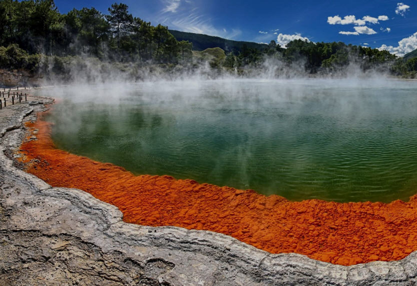 Geothermal landscape in Rotorua, New Zealand, with steaming mud pools, colorful mineral deposits, and lush vegetation.